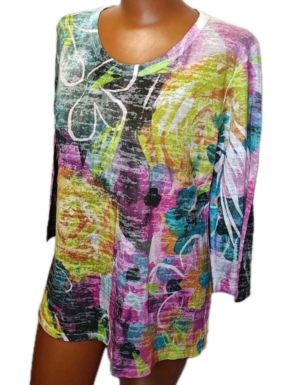 Jess Jane Artsy Roses Burnout Tee T-shirt L Floral 3/4 Sleeve Thin Lightweight